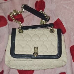 Betsey Johnson Cream and Black Heart Quilted Shoulder Bag With Heart Pattern